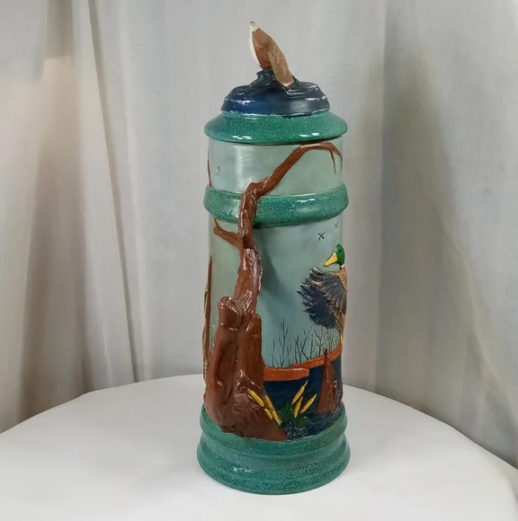 Hand Painted Mallard Duck Wildlife Scene Ceramic Stein Tankard With Lid